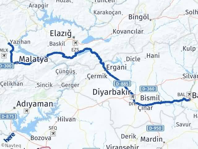Batman Yazıhan Malatya Arası Kaç Km - Yol Haritası