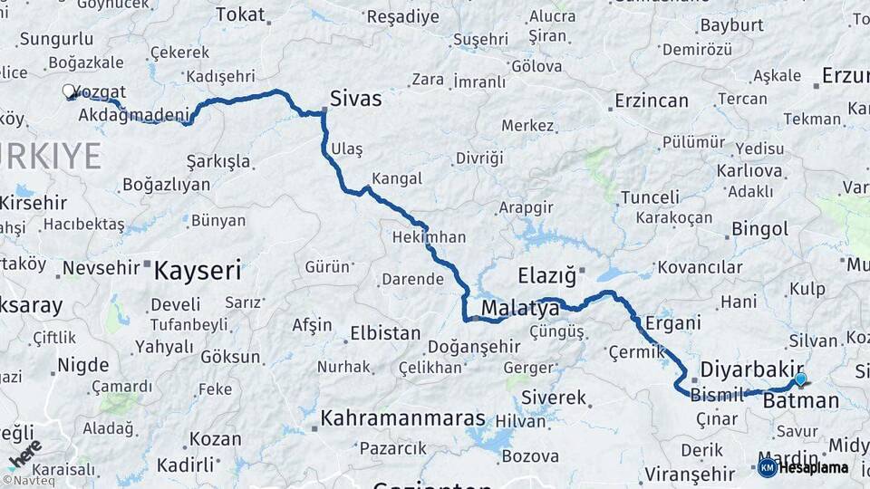 Batman Yozgat Arası Kaç Km - Yol Haritası