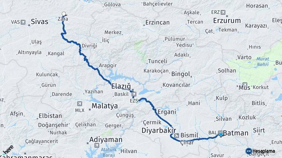 Batman Zara Sivas Arası Kaç Km - Yol Haritası