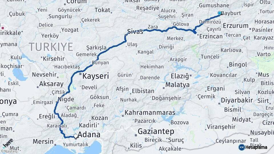 Bayburt Adana Arası Kaç Km - Yol Haritası