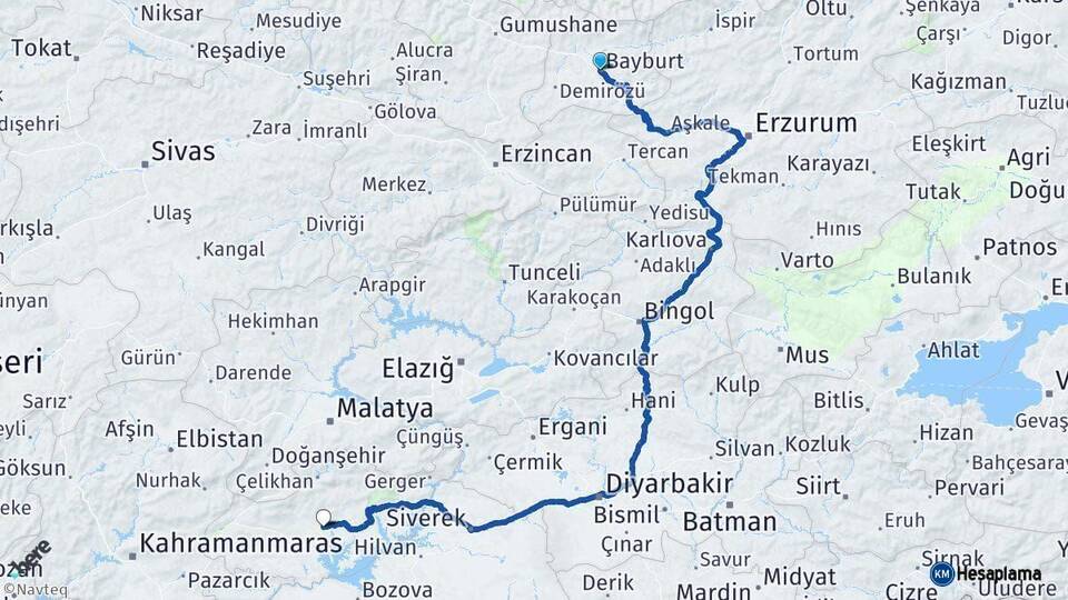 Bayburt Adıyaman Arası Kaç Km - Yol Haritası