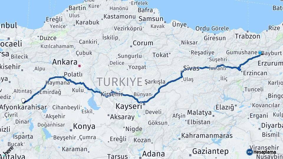 Bayburt Afyonkarahisar Arası Kaç Km - Yol Haritası