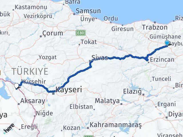 Bayburt Ağaçören Aksaray Arası Kaç Km - Yol Haritası