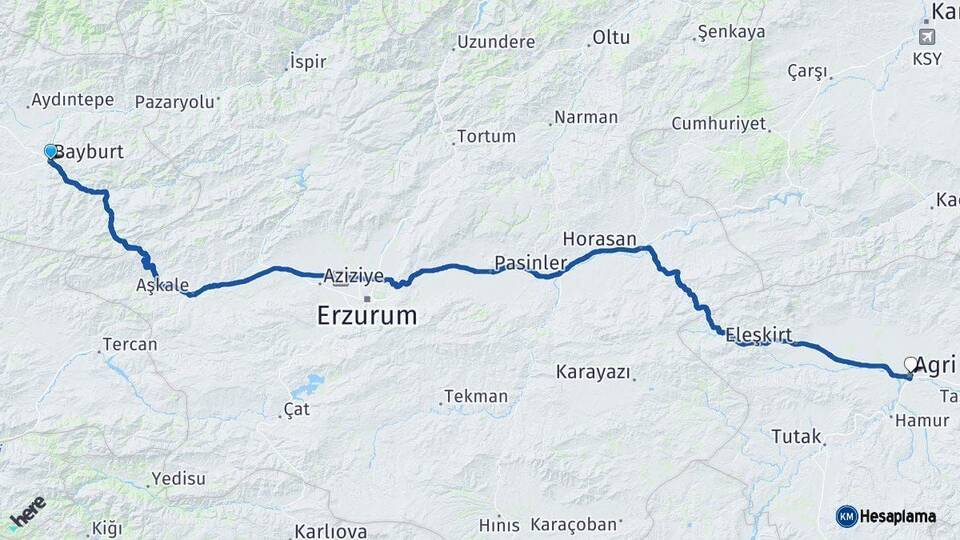 Bayburt Ağrı Arası Kaç Km - Yol Haritası
