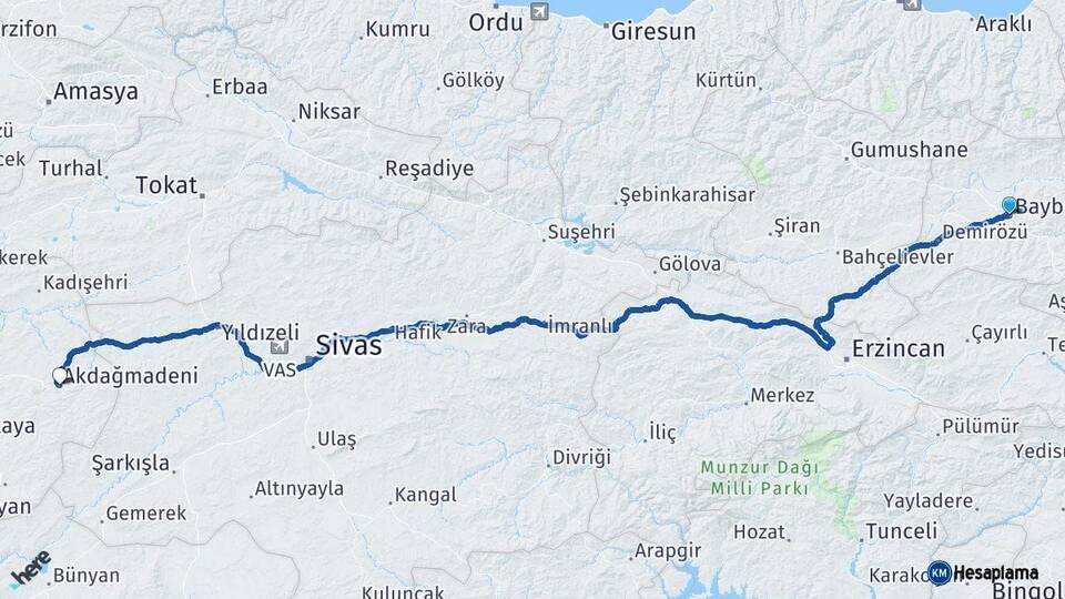Bayburt Akdağmadeni Yozgat Arası Kaç Km - Yol Haritası