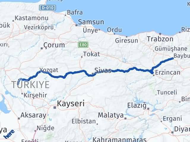 Bayburt Akpınar Kırşehir Arası Kaç Km - Yol Haritası