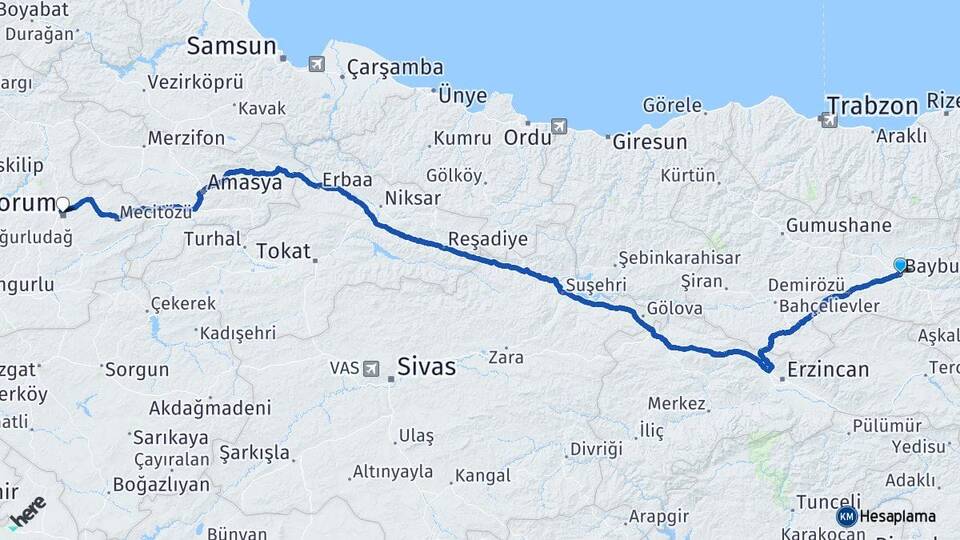Bayburt Akşar Arası Kaç Km - Yol Haritası