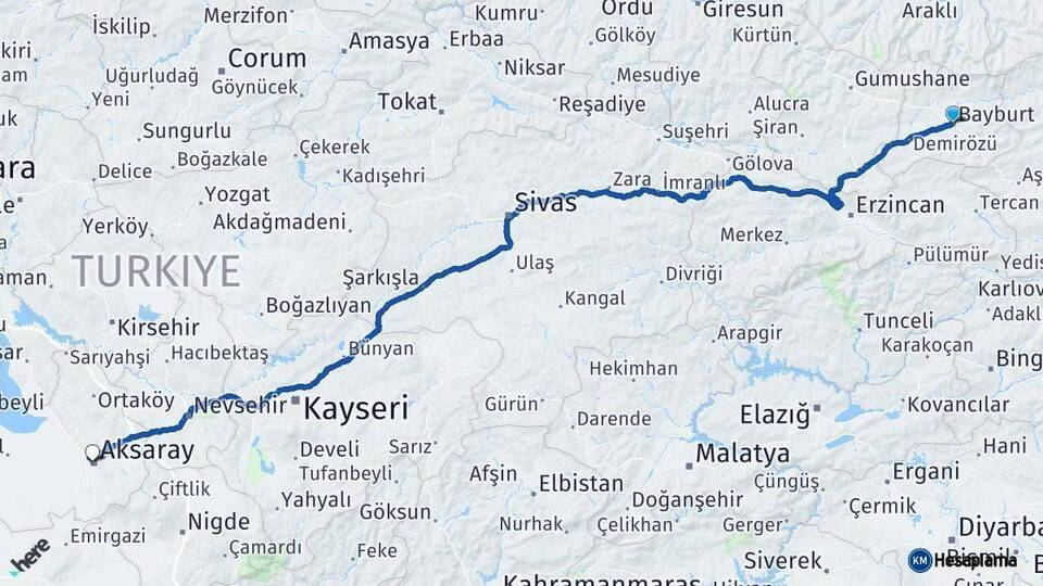 Bayburt Aksaray Arası Kaç Km - Yol Haritası