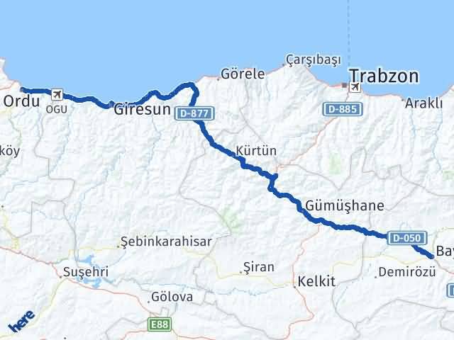 Bayburt Altınordu Arası Kaç Km - Yol Haritası