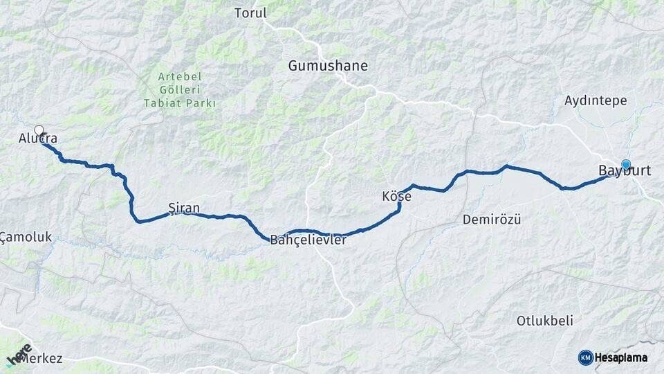 Bayburt Alucra Giresun Arası Kaç Km - Yol Haritası