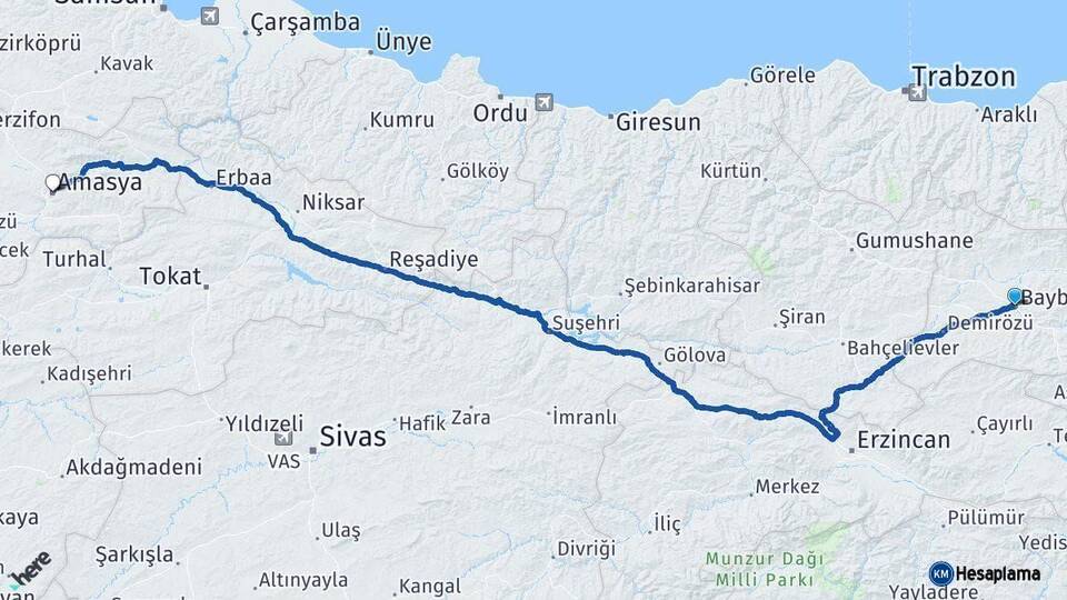 Bayburt Amasya Arası Kaç Km - Yol Haritası