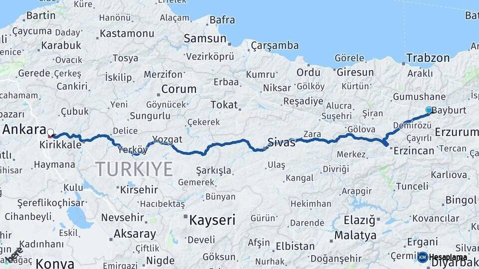Bayburt Ankara Arası Kaç Km - Yol Haritası