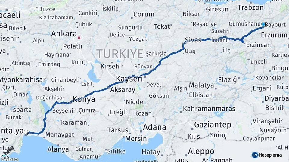 Bayburt Antalya Arası Kaç Km - Yol Haritası