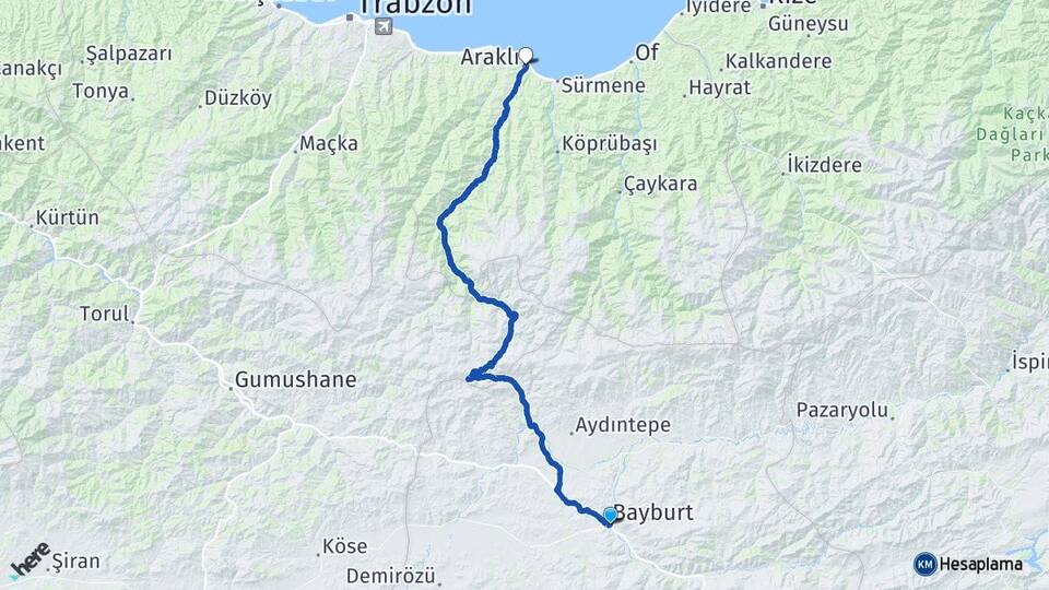 Bayburt Araklı Trabzon Arası Kaç Km - Yol Haritası