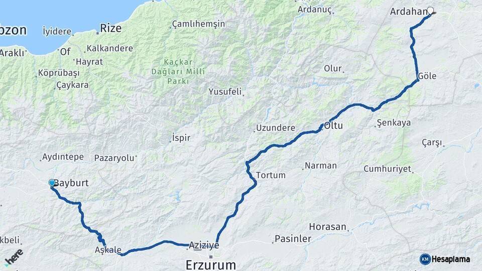 Bayburt Ardahan Arası Kaç Km - Yol Haritası
