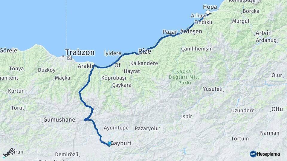 Bayburt Arhavi Artvin Arası Kaç Km - Yol Haritası