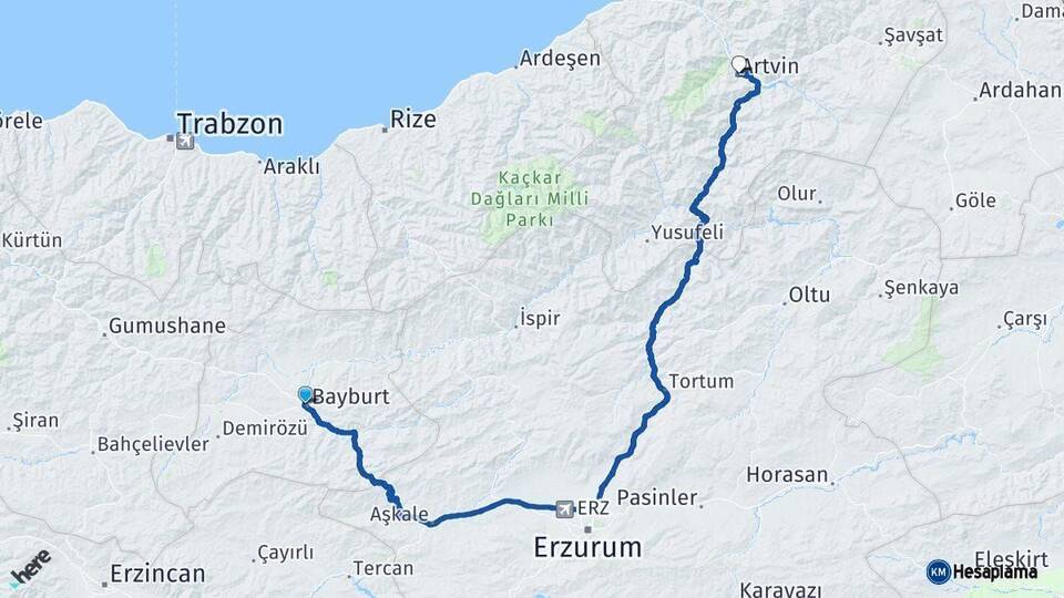 Bayburt Artvin Arası Kaç Km - Yol Haritası