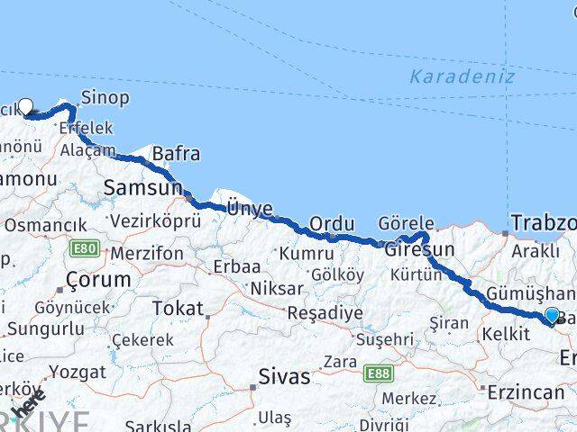 Bayburt Ayancık Sinop Arası Kaç Km - Yol Haritası