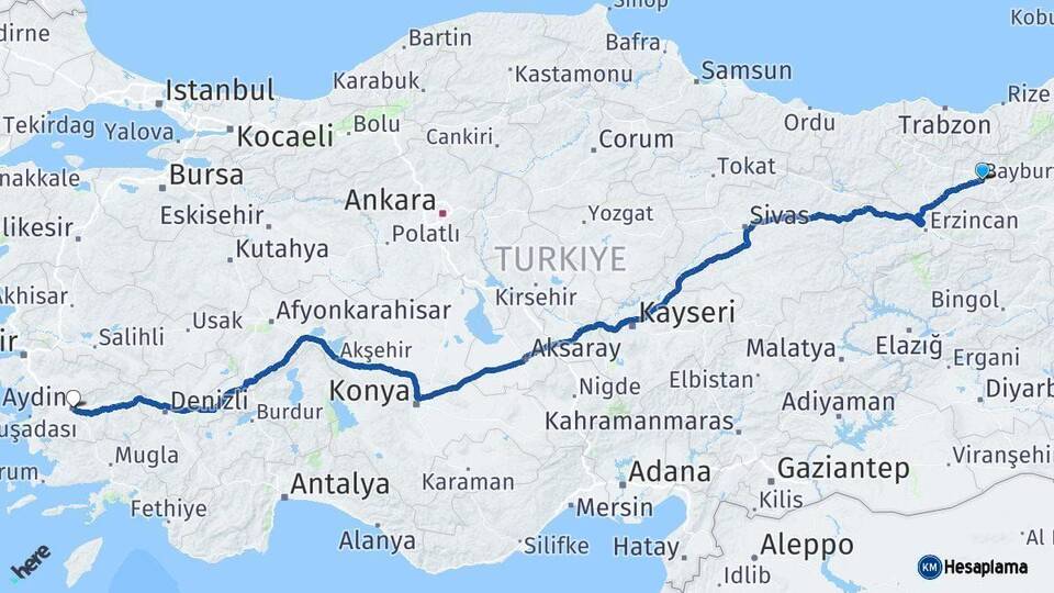 Bayburt Aydın Arası Kaç Km - Yol Haritası