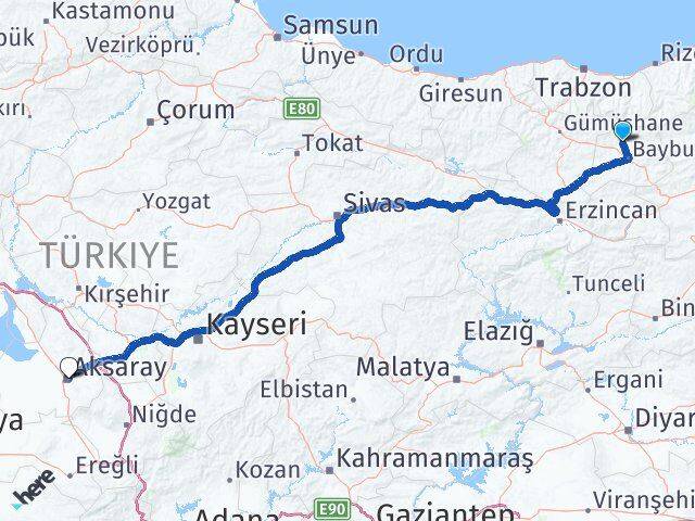 Bayburt Aydıntepe Aksaray Arası Kaç Km - Yol Haritası