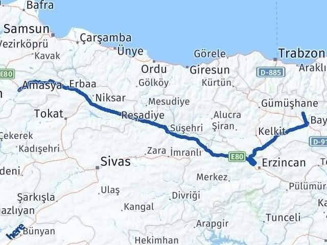 Bayburt Aydıntepe Amasya Arası Kaç Km - Yol Haritası