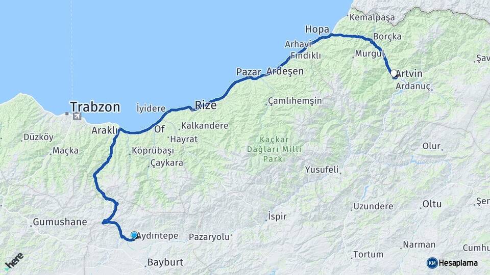 Bayburt Aydıntepe Artvin Arası Kaç Km - Yol Haritası
