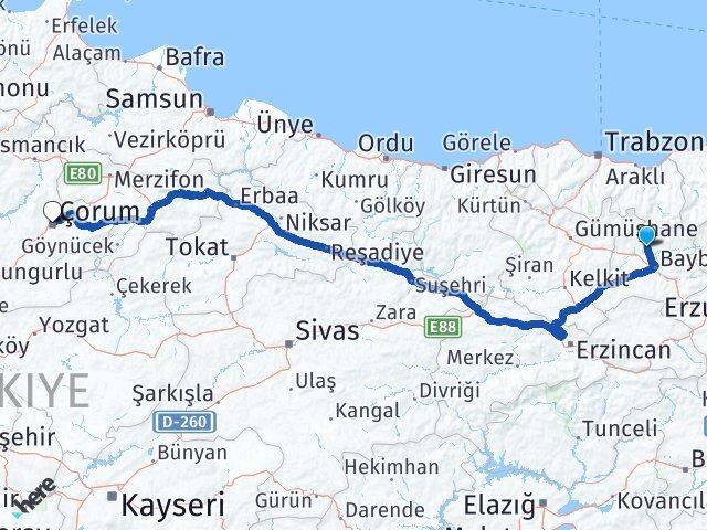 Bayburt Aydıntepe Çorum Arası Kaç Km - Yol Haritası