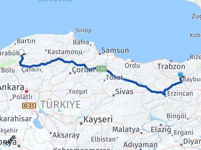 Bayburt Aydıntepe Karabük Arası Kaç Km - Yol Haritası