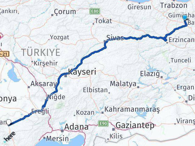 Bayburt Aydıntepe Karaman Arası Kaç Km - Yol Haritası