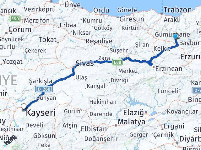 Bayburt Aydıntepe Kayseri Arası Kaç Km - Yol Haritası