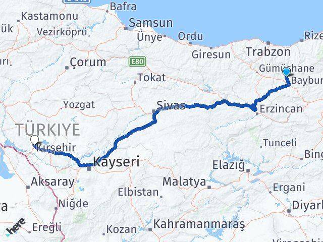 Bayburt Aydıntepe Kırşehir Arası Kaç Km - Yol Haritası