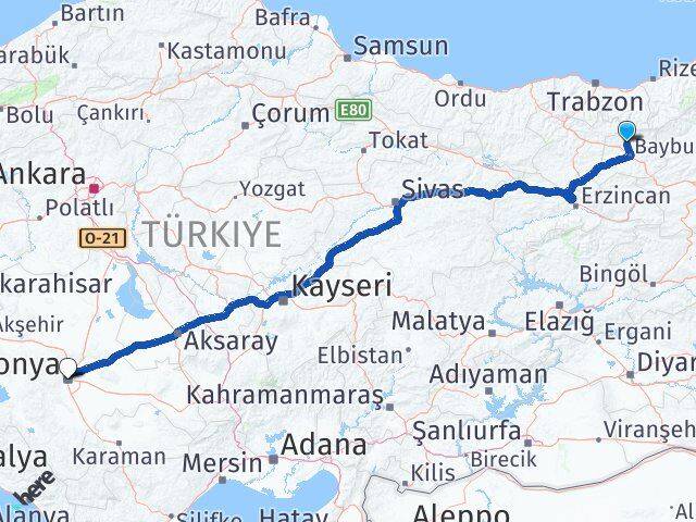 Bayburt Aydıntepe Konya Arası Kaç Km - Yol Haritası