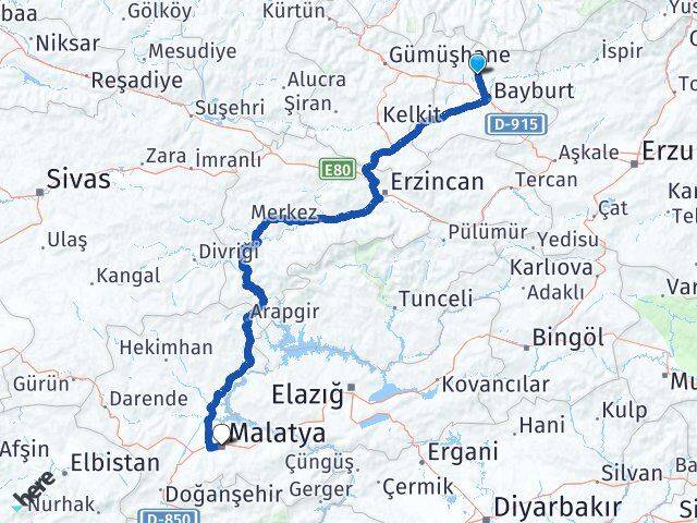 Bayburt Aydıntepe Malatya Arası Kaç Km - Yol Haritası