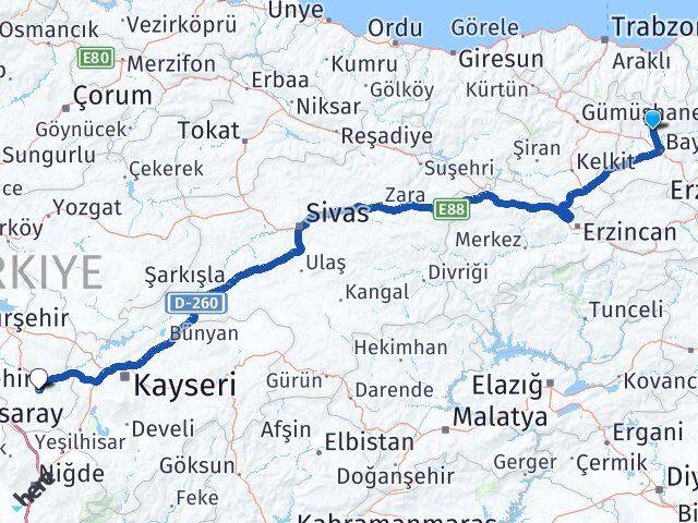 Bayburt Aydıntepe Nevşehir Arası Kaç Km - Yol Haritası