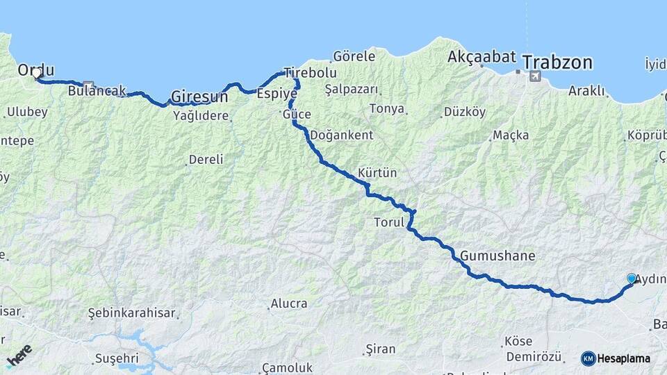 Bayburt Aydıntepe Ordu Arası Kaç Km - Yol Haritası