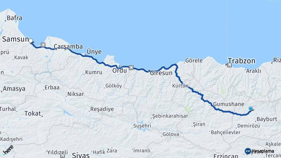 Bayburt Aydıntepe Samsun Arası Kaç Km - Yol Haritası