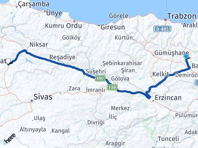 Bayburt Aydıntepe Tokat Arası Kaç Km - Yol Haritası