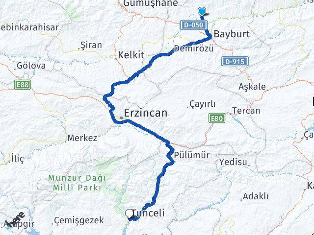 Bayburt Aydıntepe Tunceli Arası Kaç Km - Yol Haritası