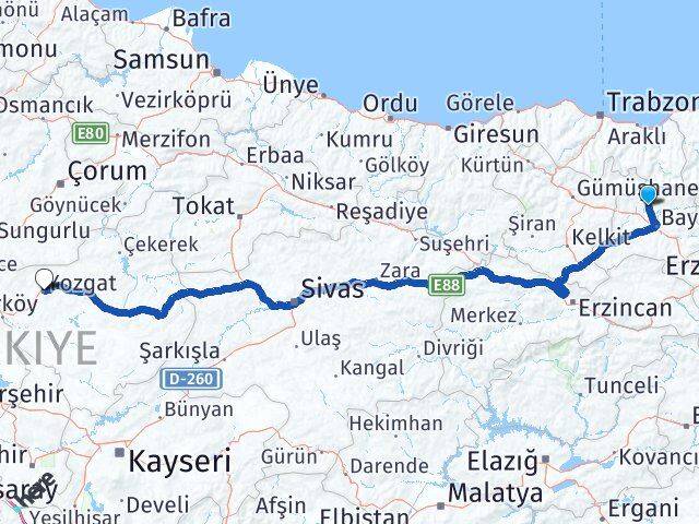 Bayburt Aydıntepe Yozgat Arası Kaç Km - Yol Haritası