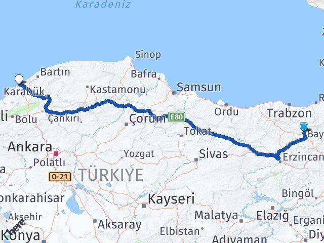 Bayburt Aydıntepe Zonguldak Arası Kaç Km - Yol Haritası