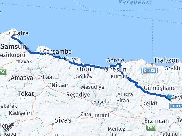 Bayburt Bafra Samsun Arası Kaç Km - Yol Haritası