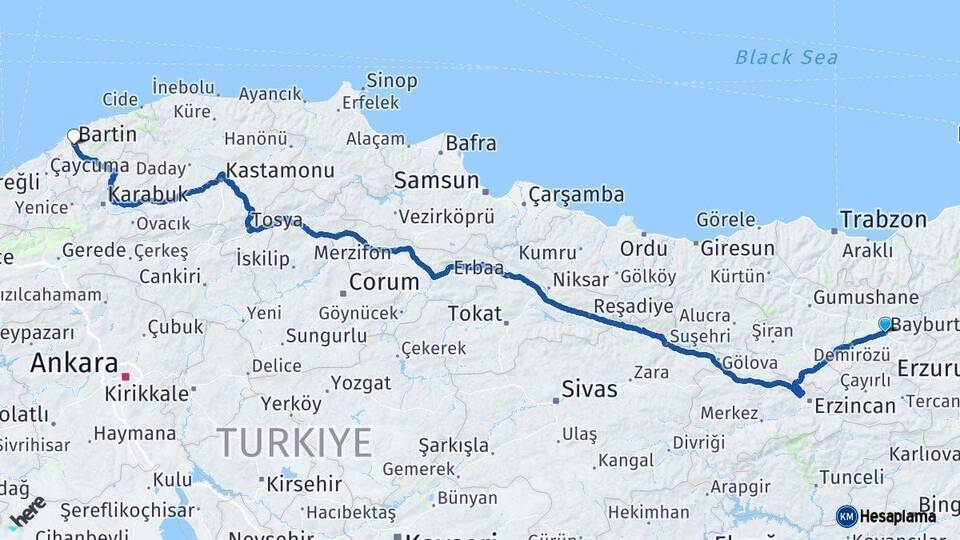 Bayburt Bartın Arası Kaç Km - Yol Haritası