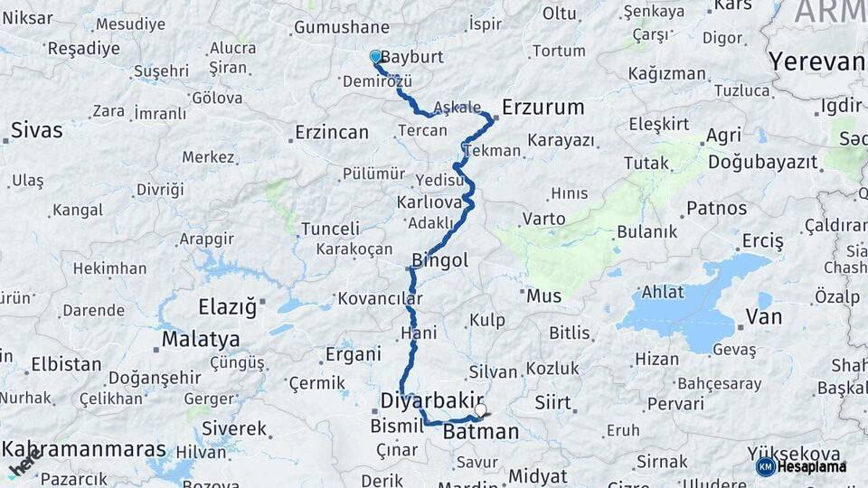 Bayburt Batman Arası Kaç Km - Yol Haritası