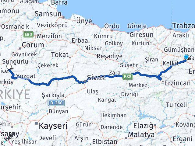 Bayburt Boğazkale Çorum Arası Kaç Km - Yol Haritası