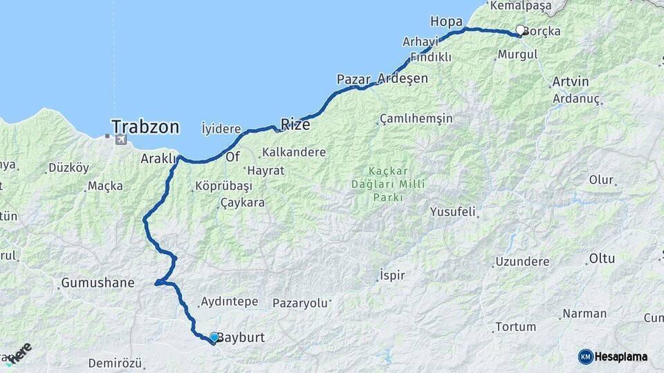 Bayburt Borçka Artvin Arası Kaç Km - Yol Haritası