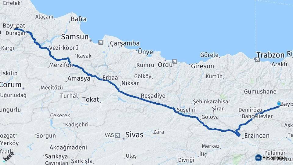Bayburt Boyabat Sinop Arası Kaç Km - Yol Haritası