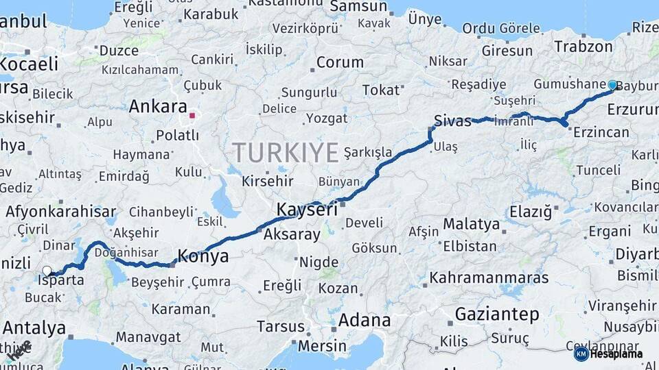 Bayburt Burdur Arası Kaç Km - Yol Haritası