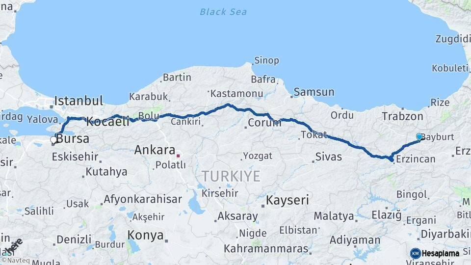Bayburt Bursa Arası Kaç Km - Yol Haritası