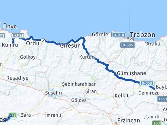 Bayburt Çamaş Ordu Arası Kaç Km - Yol Haritası