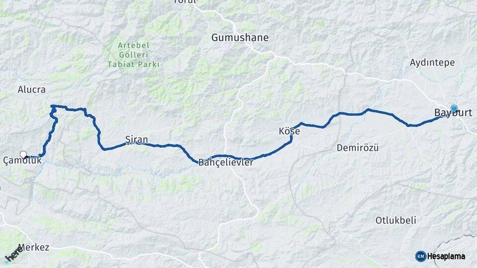 Bayburt Çamoluk Giresun Arası Kaç Km - Yol Haritası